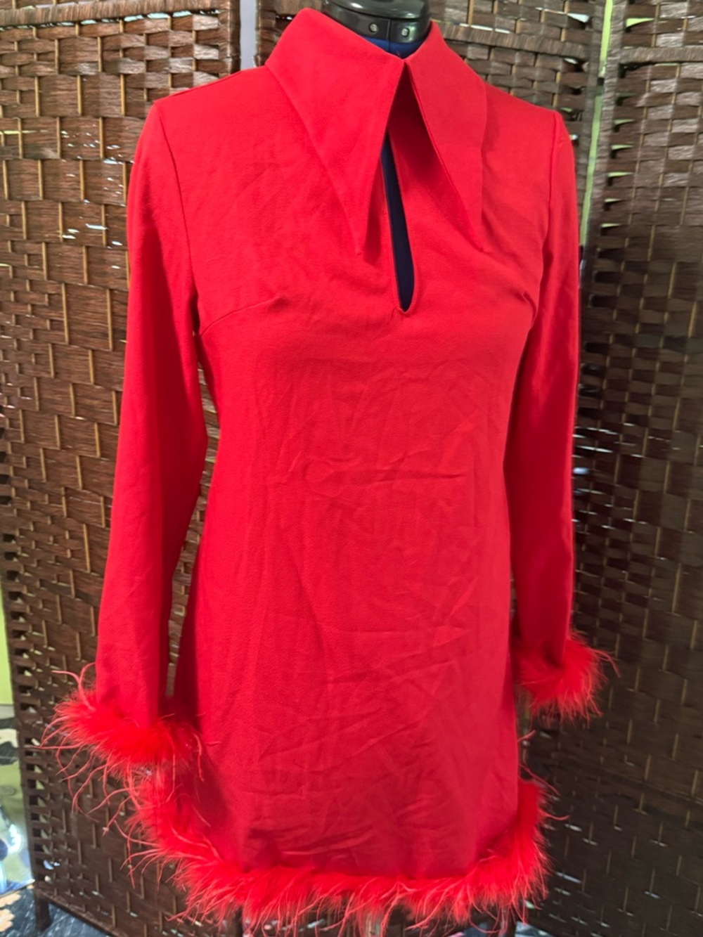 Red Long Sleeve Collard Feathered Cocktail Dress